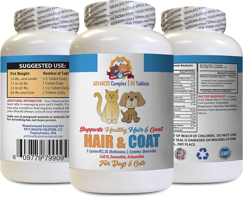 Kot Skóra i Coat Treat - Zwierzęta domowe Włosy i Coat Boost - dla psów i kotów - Wspiera zdrową skórę Włosy paznokci - Suplement witaminy dla kotów - 1 butelka (60 tabletek)