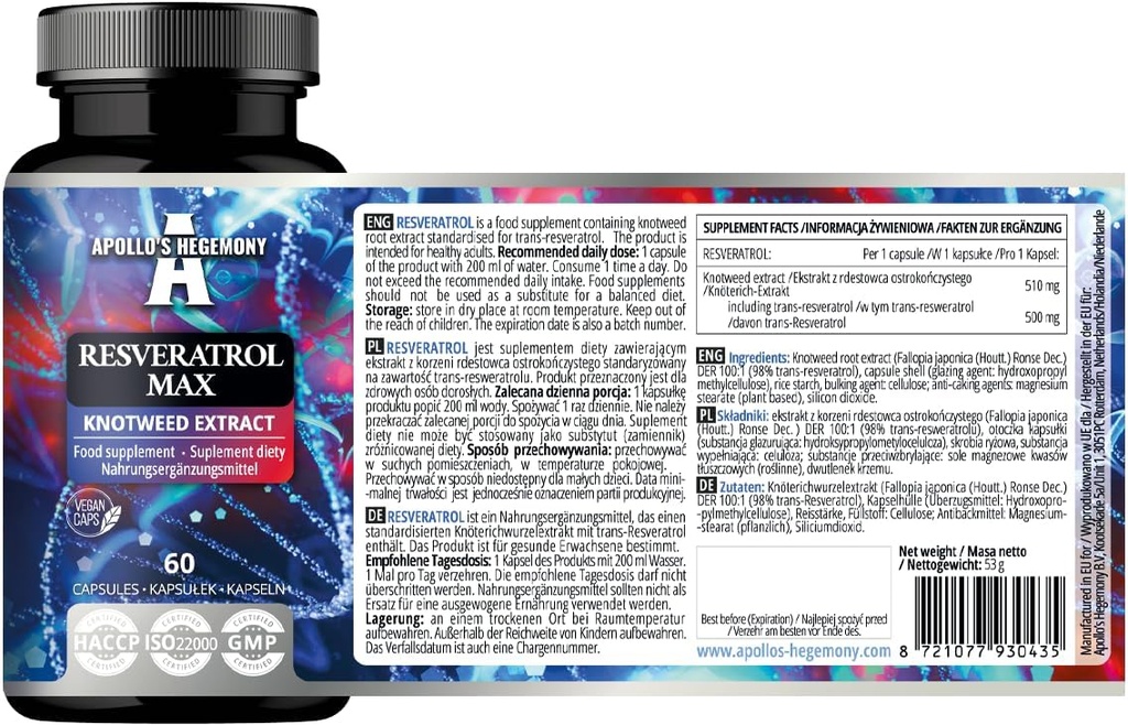 APOLLO 'S HEGEMONY Resveratrol Max - 500 mg na kapsułkę - 60 Kapsułek wegańskich - Wysoka Czystość 98% Ekstrakt - Wspiera zdrowie cyrkulacyjne - Naturalny przeciwutleniacz - Suplement diety