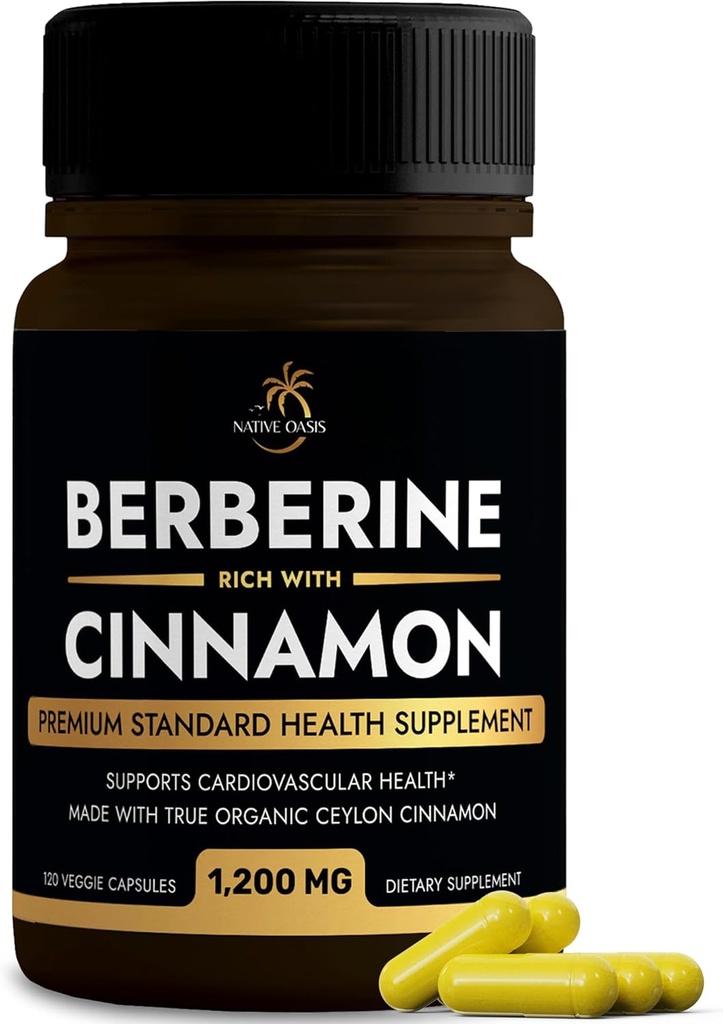 Berberine Supplement with Ceylon Cynamon Amend124; Berberine HCL 1,200mg Plus Ceylon Cynamon ze Sri Lanki dla Zdrowia Serca, Utrata masy ciała i Wsparcie immunologiczne Amend124; Non-GMO, Lab Tested, Zero Fillers Amend124; 120ct.