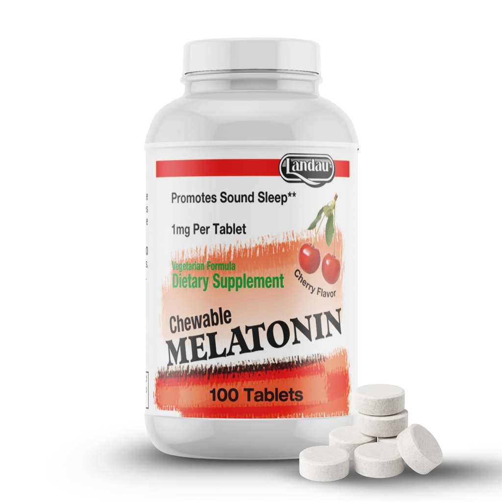 LANDAU Melatonina do żucia dla dzieci - 1 mg Niska dawka Melatonina Sleep Aid dla dzieci - Kosher & Made in USA - Easy- to- Take Natural Cherry Flavor Melatonin Sleep Aid for Toddlers, Dzieci i dorośli (100)