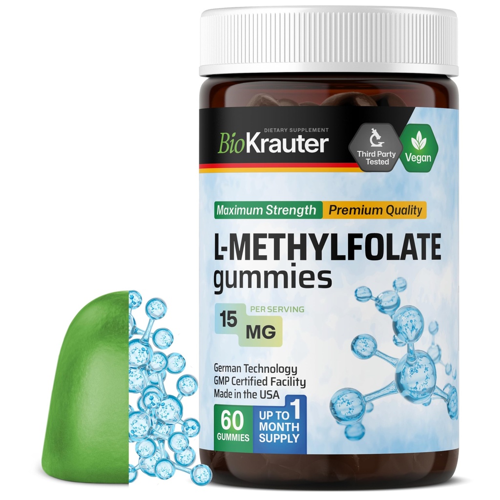BIO KRAUTER L Methylfolate Gummies - 25 mg DFE - 60 Vegan Chews - Suplement MTHF - Folate Supplement - Folic Acid Gummies (Witamina B9) - Formuła wolna od żelatyny