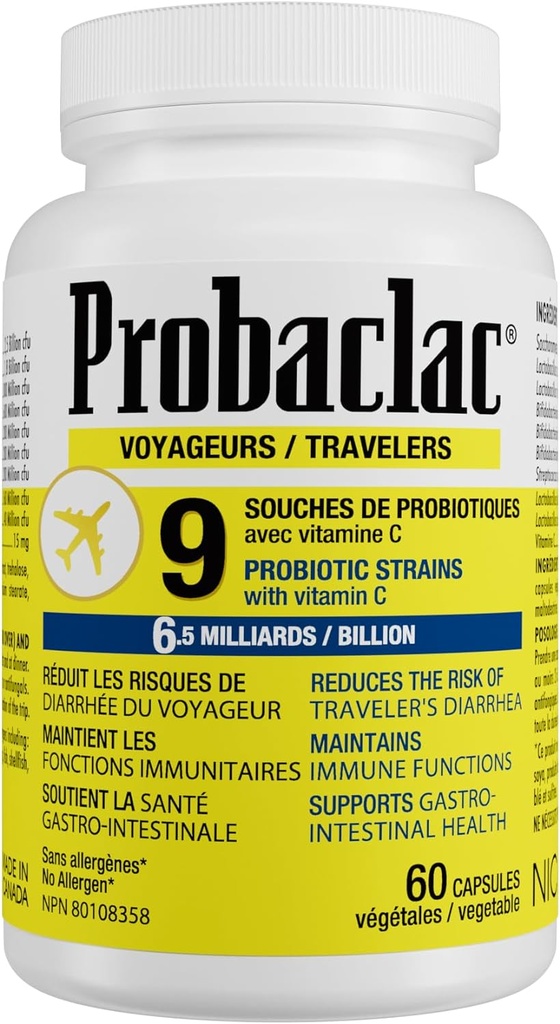 Natural Travelers Probiotyki, Zmniejszenie ryzyka Biegunki, Zawiera witaminy C, Wsparcie immunologiczne, Gluten Free, Rozmiar podróży, Wakacje, Rejs i podróży samolotem Essentials, Wegan, 60 Kapsułki