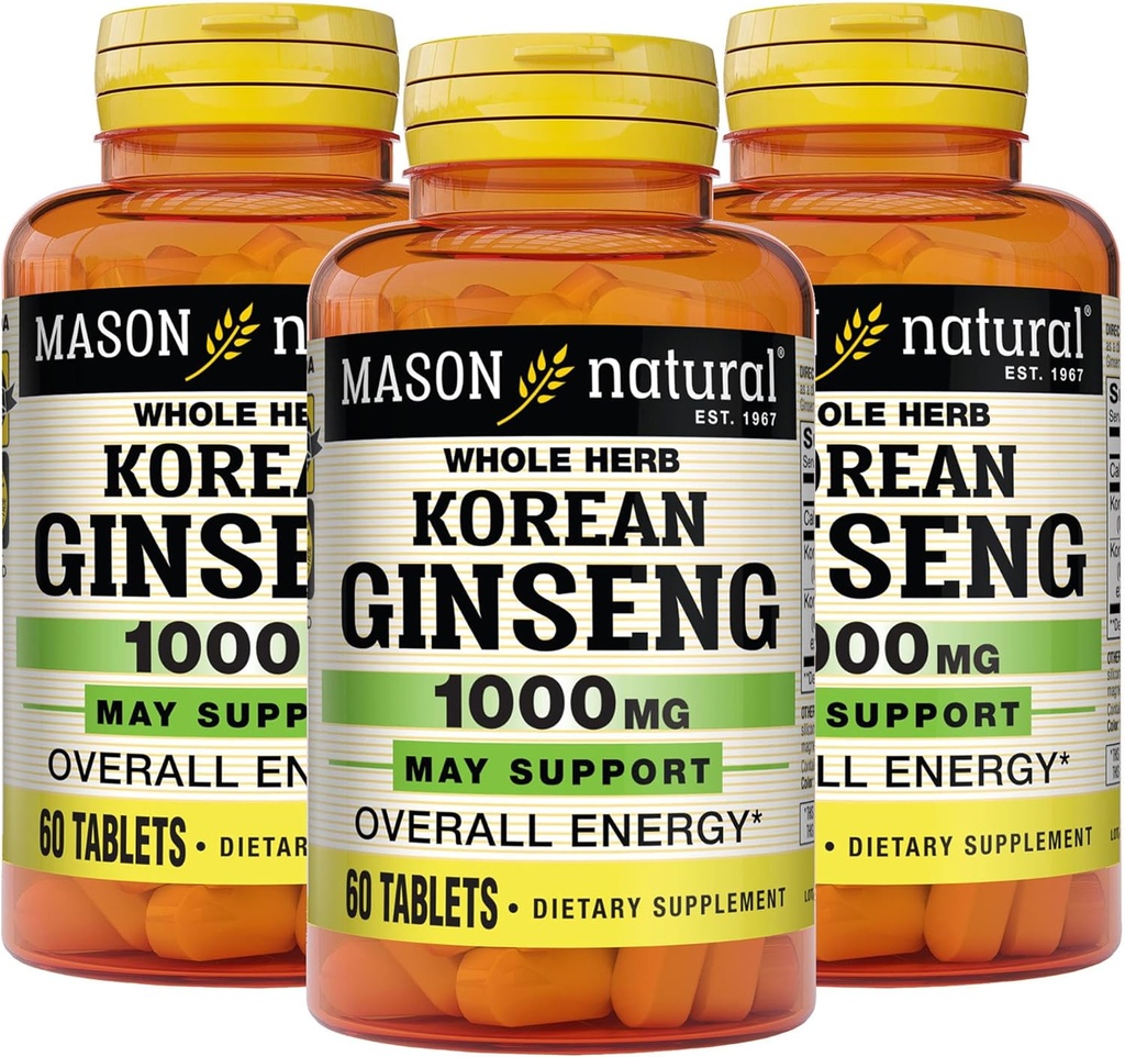 MASON NATURAL Koreański Ginseng 1000 mg, wspiera energię, wytrzymałość i witalność, 60 tabletek, Opakowanie po 3