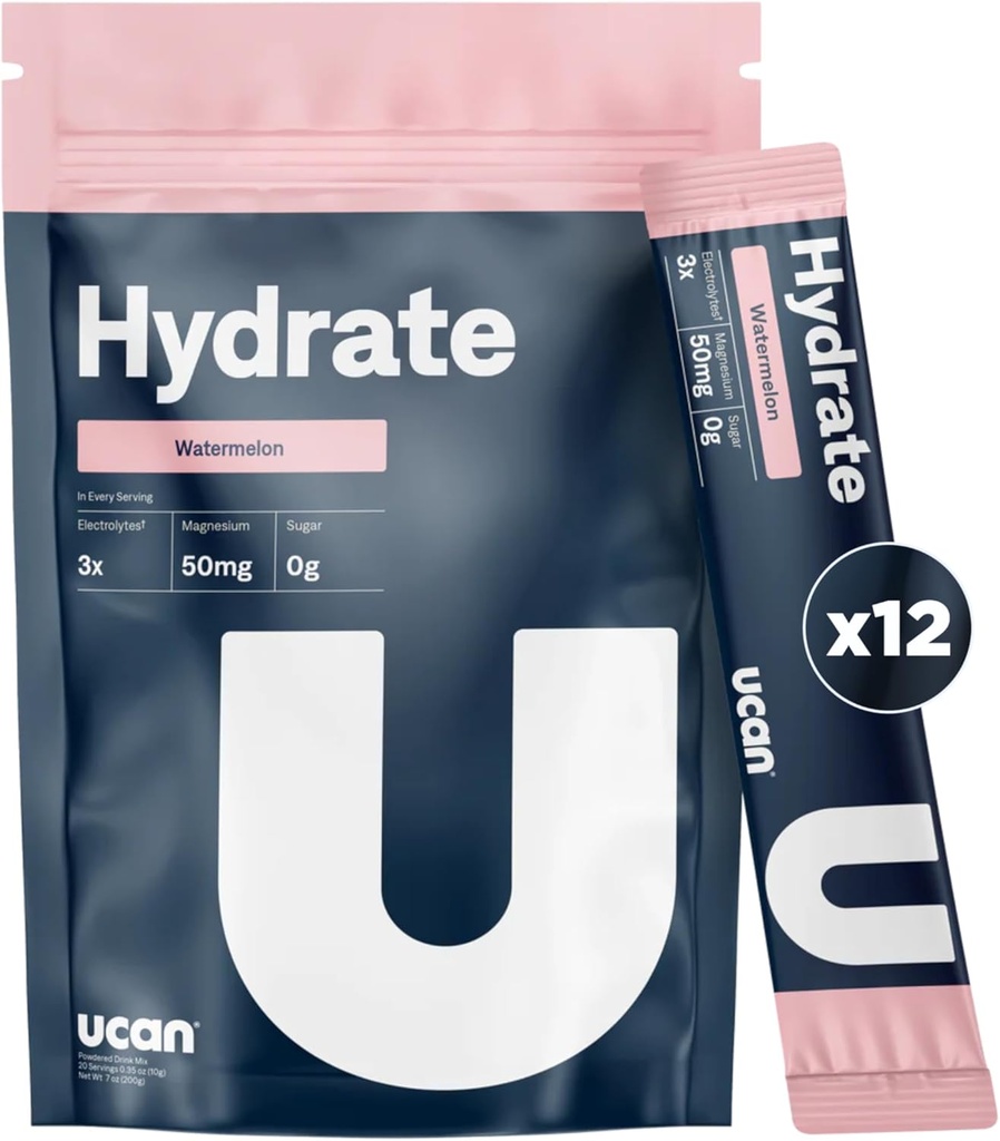 UCAN Hydrate Electrolyte Drink Mix (Arbuz, 12 Stickpack) Sugar-Free, Keto- Friendly, Wegan, Non-GMO, Gluten- Free Electrolyte Proszek z potasu i magnezu dla biegaczy i sportowców