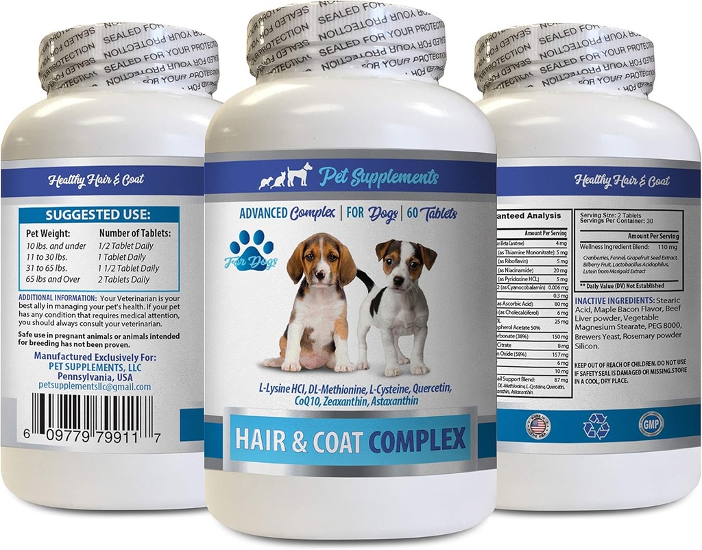 Dog Skin and Coat Supplements - Dogs Hair and Coat Complex - Advanced Skin Relief - Dobre dla paznokci - Dog Witamina e - 1 Butelka (60 tabletek)