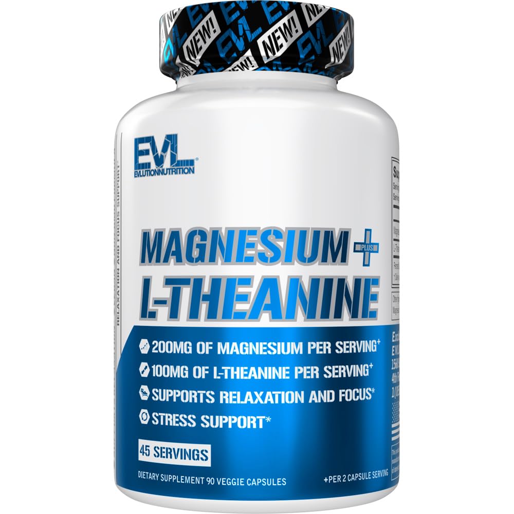 Evlution Nutrition Magnez + L- Theanine - Natural Relaxation & Focus Support - 200mg Magnez + 100mg L- Theanine - Vegan & Non-GMO - Suplement diety - 45 Służenie - 90 Kapsułki wegetariańskie