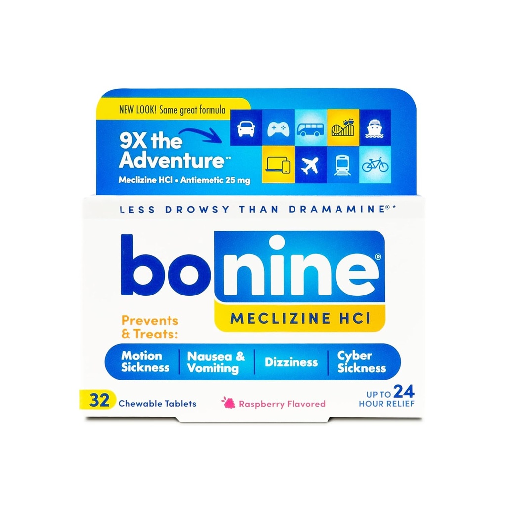 Bonine non-Drowsy Motion Choroby Relief - Tabletki do żucia z Meclizine HCL 25mg - Non Drowsy Medicine for Nusea lub Motion Choroby - Cruise Essentials - Malina Flavor, 32 Tabletki do żucia