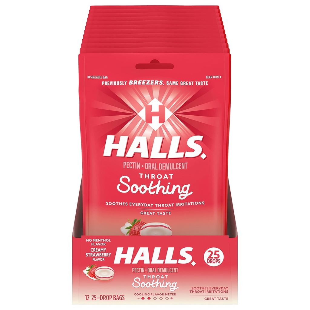 HALLS Throat Soothing (Wcześniej HALLS Breezers) Creamy Strawberry Throat Drops, 12 Torby 25 Drops (300 Total Drops)