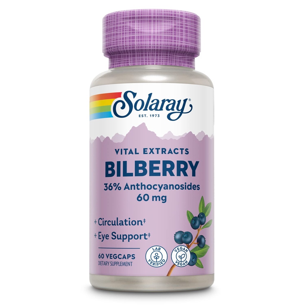 SOLARAY Bilberry Berry Extract 60 mg Siła przeciwutleniacza 124; Zdrowa Vision & Circulation Support