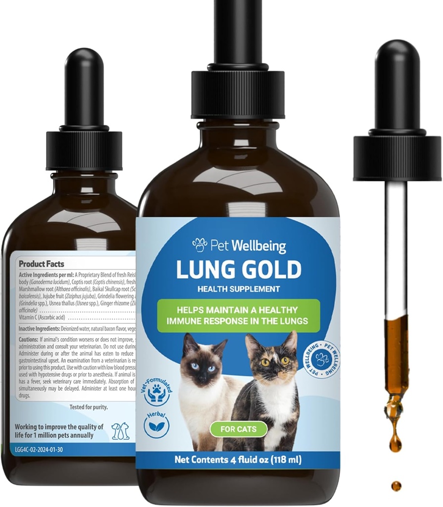 Płeć zwierzęca Płuca Złoto dla kotów - Płuca Immune Support, Dolna Zdrowie oddechowe, Open Airways, Normalne oddychanie, Reishi, Coptis - Veterinarianated Herbal Supplement - 4 oz (118 ml)