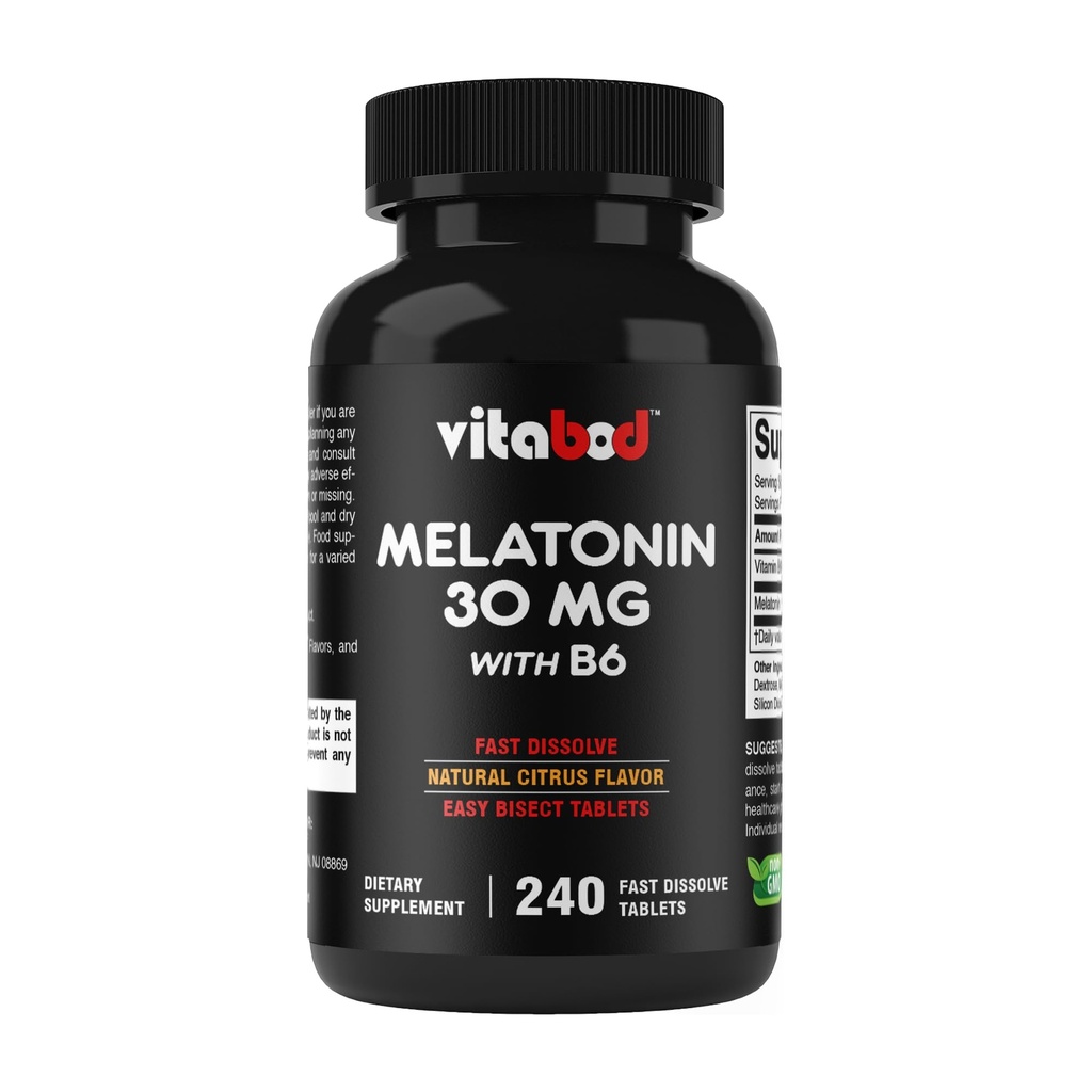 Melatonina 30 mg z witaminą B6 - 240 szybko rozpuszczających się tabletek Wysokiej mocy Sleep Support - Beznarkotykowy, Natural Citrus Flavor - Wegetarianin, Non-GMO, Gluten- Free