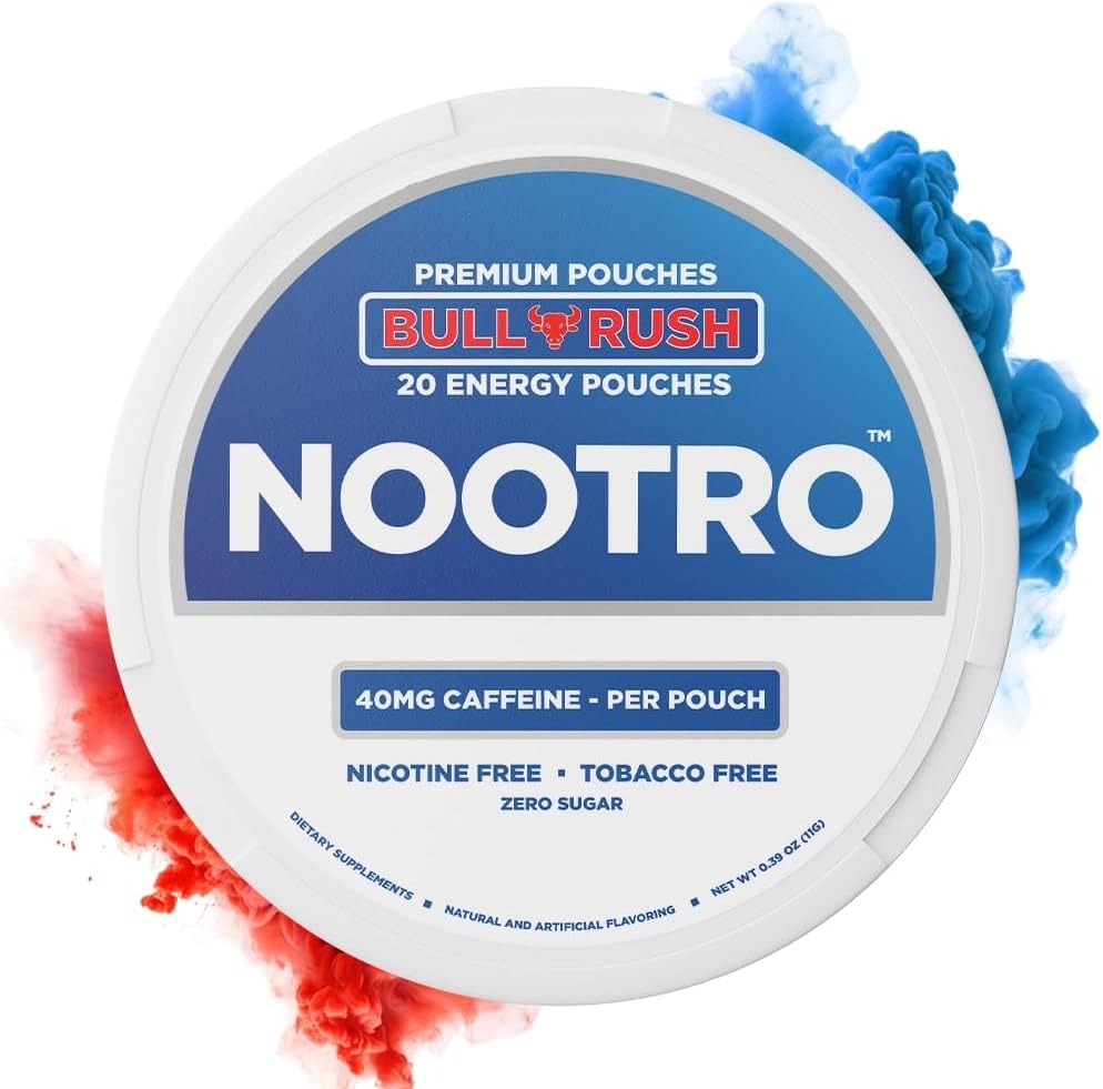 Nootro Energy Pouches z kofeiną, Nootropowe Pouches, 40 mg naturalnej kofeiny, Witamina B6, Magnez, Cukier wolny, No Nicotine Pouches, Tytoń wolny, 20 Pouches per Can, 1 Pack (Bull Rush)