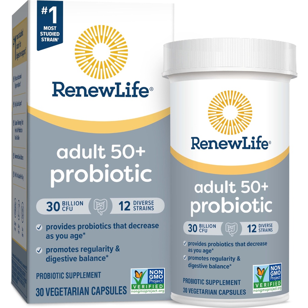 Renew Life Probiotic Adult 50 Plus Probiotyczne kapsułki, Codzienne Suplement Wspiera Urynary, Digestive i Immune Health, L. Rhamnosus GG, Dairy, Soy i gluten- free, 30 Miliard CFU, 30 Hrabia