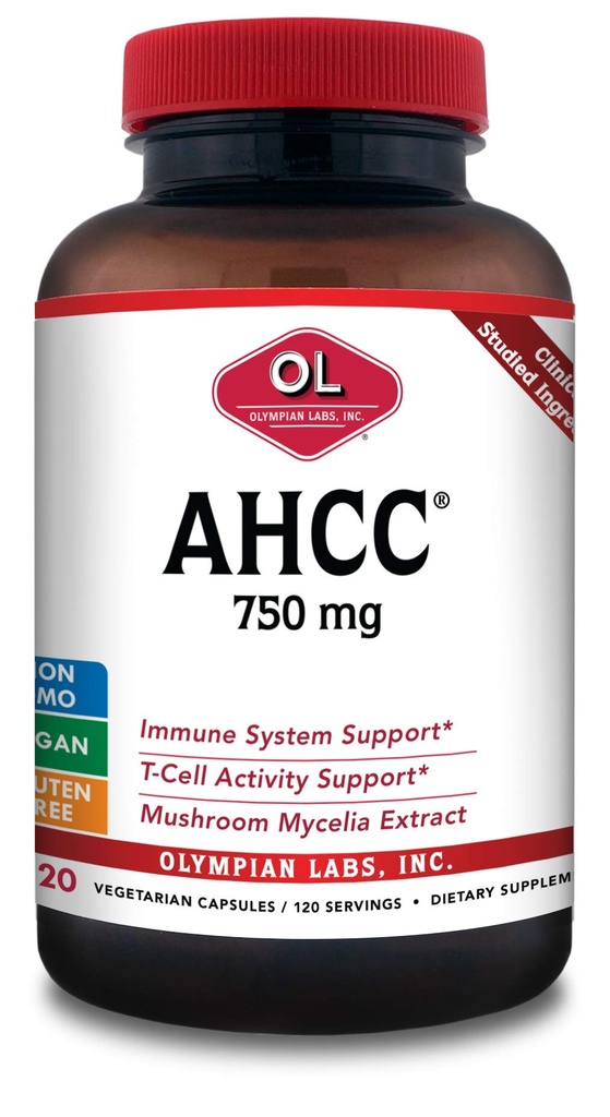 Olympian Labs Premium Suplement AHCC 750mg AHCC na kapsułkę - Wspiera zdrowie immunologiczne, czynność wątroby i Natural Killer Cell Activity - luzem 120 Służenia