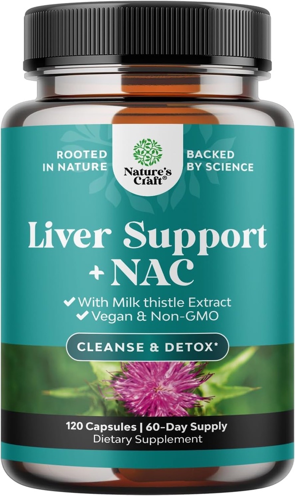 Support Liver Supplement NAC Supplement with Milk Thistle for Liver Cleanse Detox & Repair - N Acetylo Cysteina Suplement do wątroby Cleanse with Antioksydants, Turmeric, Choline, Dandelion & L- Glutathione - 120 Caps