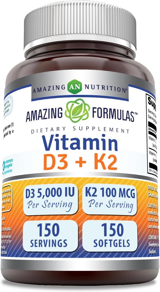 Amazing Formulas Vitamin D3 5000 IU with Vitamin K2 100 Mcg | D3 + K2 Complex Supplement | Softgels | Non-GMO | Gluten-Free | Made in USA (1 Pack, 150 Count)