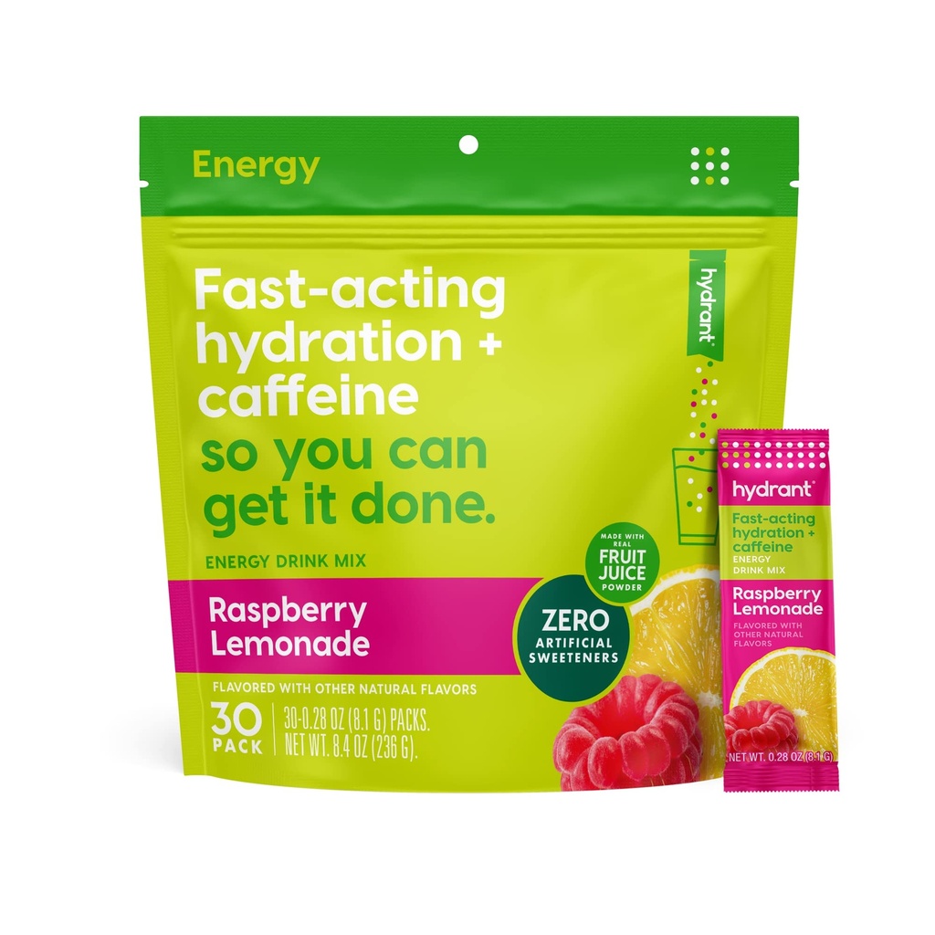 Hydrant - Energy Electrolyte Powder, Malina Lemoniada Flavor, 30 Kofeina & L- Theanine energii Pakiety do nawilżenia - Niski cukier Energia Proszek do codziennego użytku
