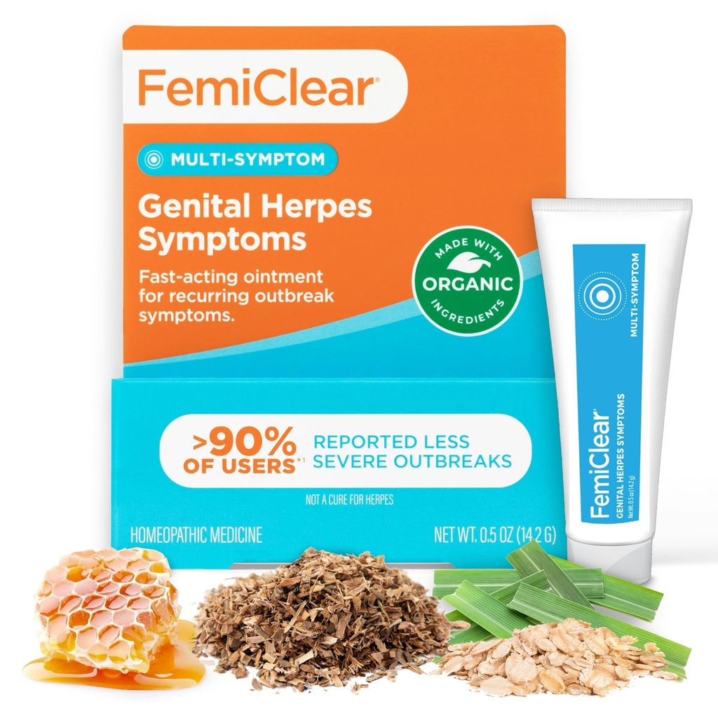 FemiClear for Genital Herpes Symptom & Cold Sores, Multi- Symptom - Efective Intimate Relief - Made with All- Natural and Organic Ingredients - 0.5 Ounce Tube
