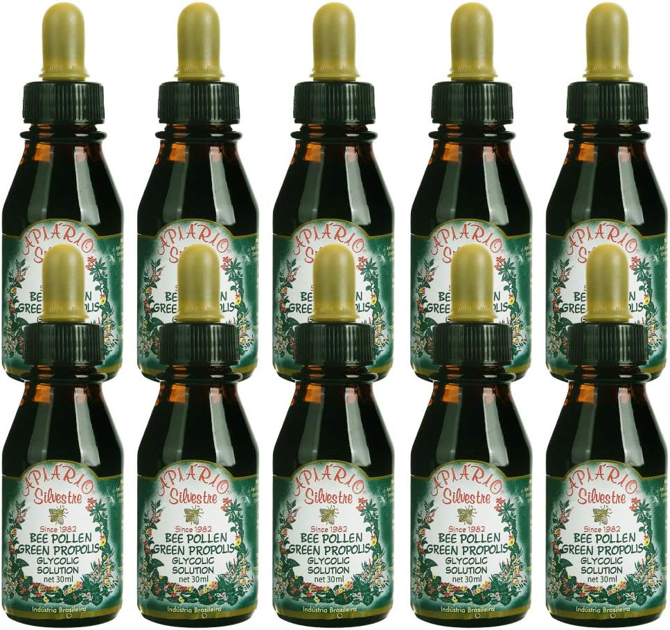 Oficjalny dystrybutor - 10 butelek Apiario Silvestre Bee Pollen & Brazylia Green Bee Propolis Liquid - Ekstrakt glikolowy - Nie alkoholowy, Wolny od wosku, Cukier