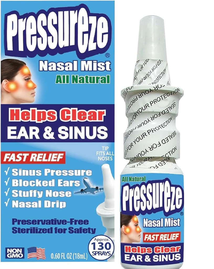 Pressureze Nasal Spray - All Natural Preservative-Free Steryle - Szybka ulga Nasal Spray - dla Sinus alergie Zatkane Uszy Głośne Chrapanie 124; 130 Spray, 18 ml