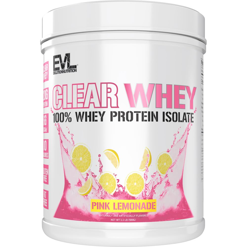 Evlution Nutrition Clear Serwatka - 100% Izolat białka serwatki - do wzrostu mięśni, siły i odzysku - 20g Izolacja białka na serwanie - Szybkie Absorbowanie - Gluten & Fat Free - 1.1lb - Różowa Lemoniada
