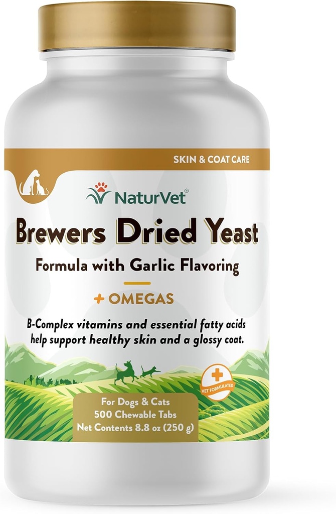 NaturVet Brewer 's Dried Yeast Pet Supplement with Garlic Flavoring - Zawiera B-Complex Vitamin, Omega-3, 6, & 9 Kwasy tłuszczowe - Pomaga wsparcia Glossy Coat, Zdrowa skóra dla psów, Koty 500 Ct.