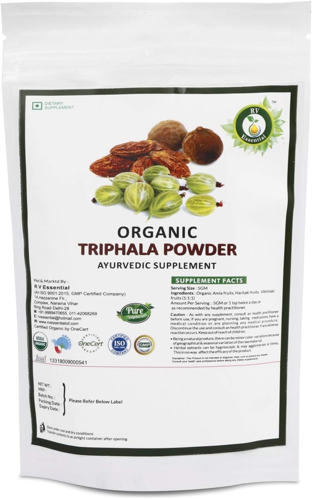 R V Esential Organic Triphala Powder 100gm / 3.53oz / 0.22lb- Made from Haritaki, Vibhitaki and Amla 1: 1: 1 Triphala Churna Powder USDA Organic Certified Ayurvedic Herbal Supplement in Zip Lock Pouch