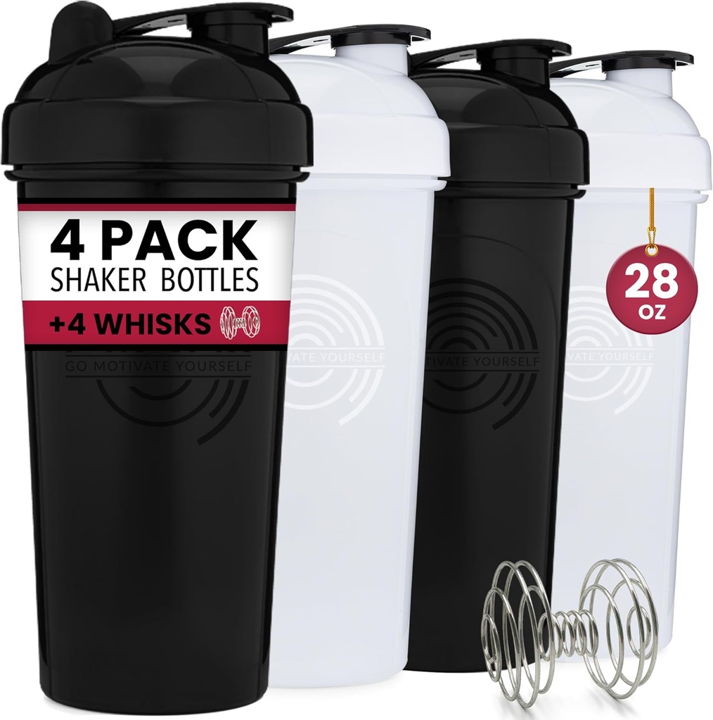 GOMOYO 4- Pack - 28 Butelka do shakera białkowego na miseczki, 4xWire whiskey, nieszczelne mieszanki luzem i przedtreningowe Shaker Cups, zmywarka do naczyń Sejf & BPA za darmo, czarny & biały