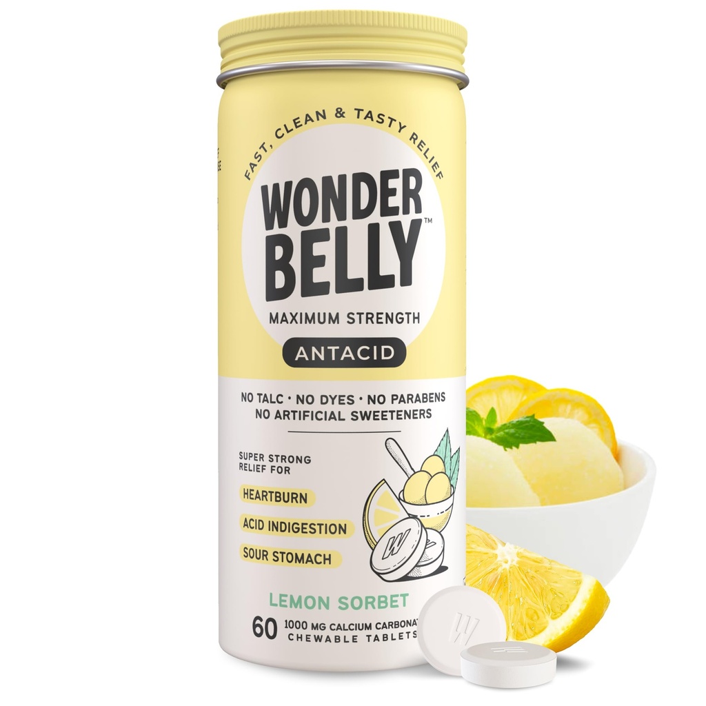 Wonderbeble Antacid, Effective Heartburn and Instant Acid Infersition Relief, Extra Force Chewable Tablets, 1000 mg Carbonian wapnia, No Talc or Dye, Lemon Sorbet, 60 Count