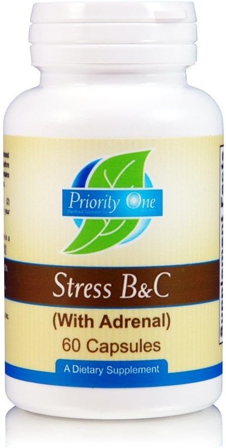 Priority One Vitamin Stress B & C 60 Kapsułki - B Complex with Whole Gland Nadnercza do wspierania zdrowych nerwów, skóry, oczu, przewodu pokarmowego i funkcji mózgu. *
