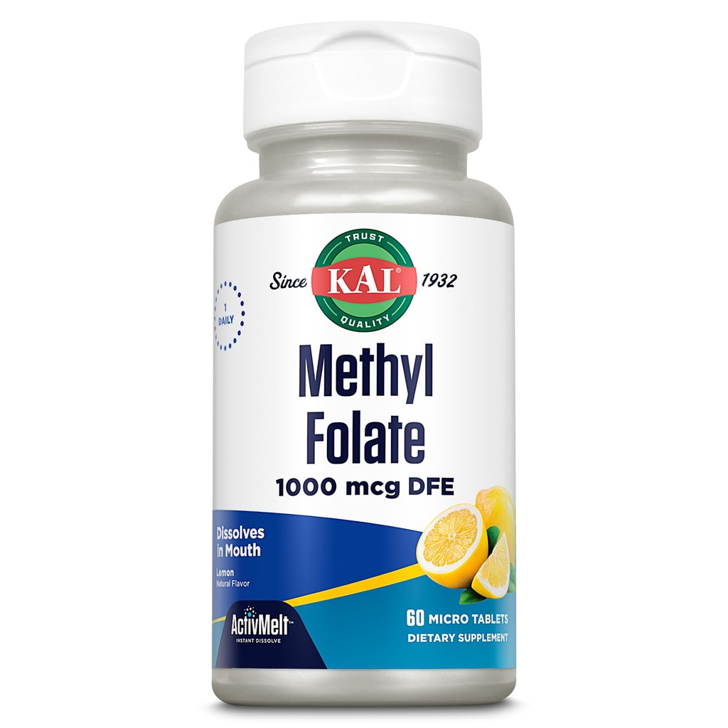 KAL Metyl Folate 1000 μg, 5- MTHF Forma aktywna, Folic Acid Supplement, Heart Health, Prenatal, Mood and Brain Support, Wegetarianin, Natural Lemon ActivMelt, 60- Day Guarantee, 60 Serv, 60 Micro Tablets