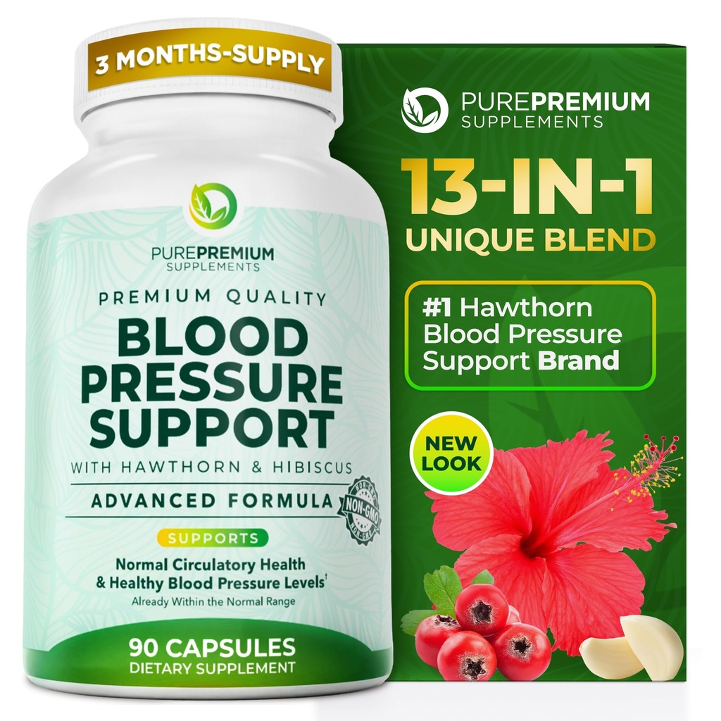 PurePremium Supplements Blood Pressure z Hawthorn Berry, Hibiscus, Czosnek i Witamina B12 - Suplement tlenku azotu do Normalnego Zdrowia Serca, Obróbka Zdrowia i Support ciśnienia krwi - 90ct
