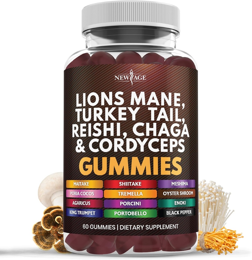 Nowy wiek Gumowe Gumki z grzybów Lwa - Gumowe Suplementy z Reishi, Cordyceps - 60