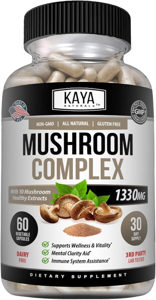 Kaya Naturals Premium Mushroom Complex Potent - Mushroom Complex Capsuls 1330mg Per Serving - Aid Mental Clarity wspiera system immunologiczny, Wellness & Vitality - 60 Count