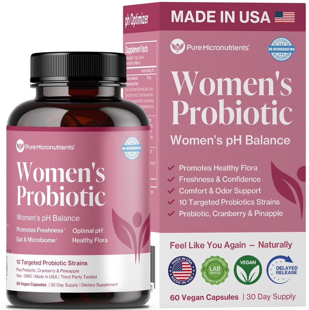 Czyste mikroskładniki pH Równowaga Probiotyki Waginalne dla Kobiet - Zapach i Wrażliwość - Waginalne Pigułki Zdrowia z Żurawiny, Lactobacillus & Prebiotyki - Żeński suplement Wellness - 60 Kapsułki
