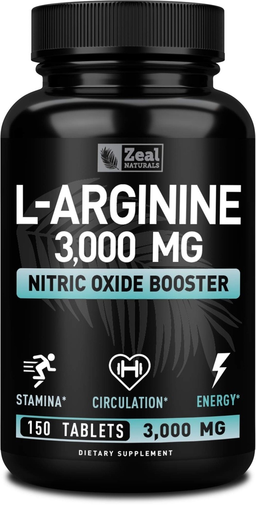Zeal Naturals L Arginina 3000mg Kapsułki (150 tabletek 124; 1000mg) Maksymalna dawka L- argininy Tlenek azotu Suplement do wspierania wzrostu mięśni, funkcji naczyniowej i energii - Wzmacniacz tlenku azotu