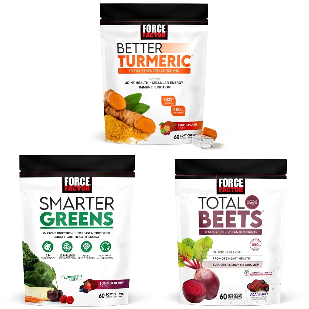 Siła Factor Lepsze Turmeric Joint Supplement Supplement & Inteligentna zieleń Superfood Chews, 60 Soft Chews & Total Beets Soft Chews, 60 Chews