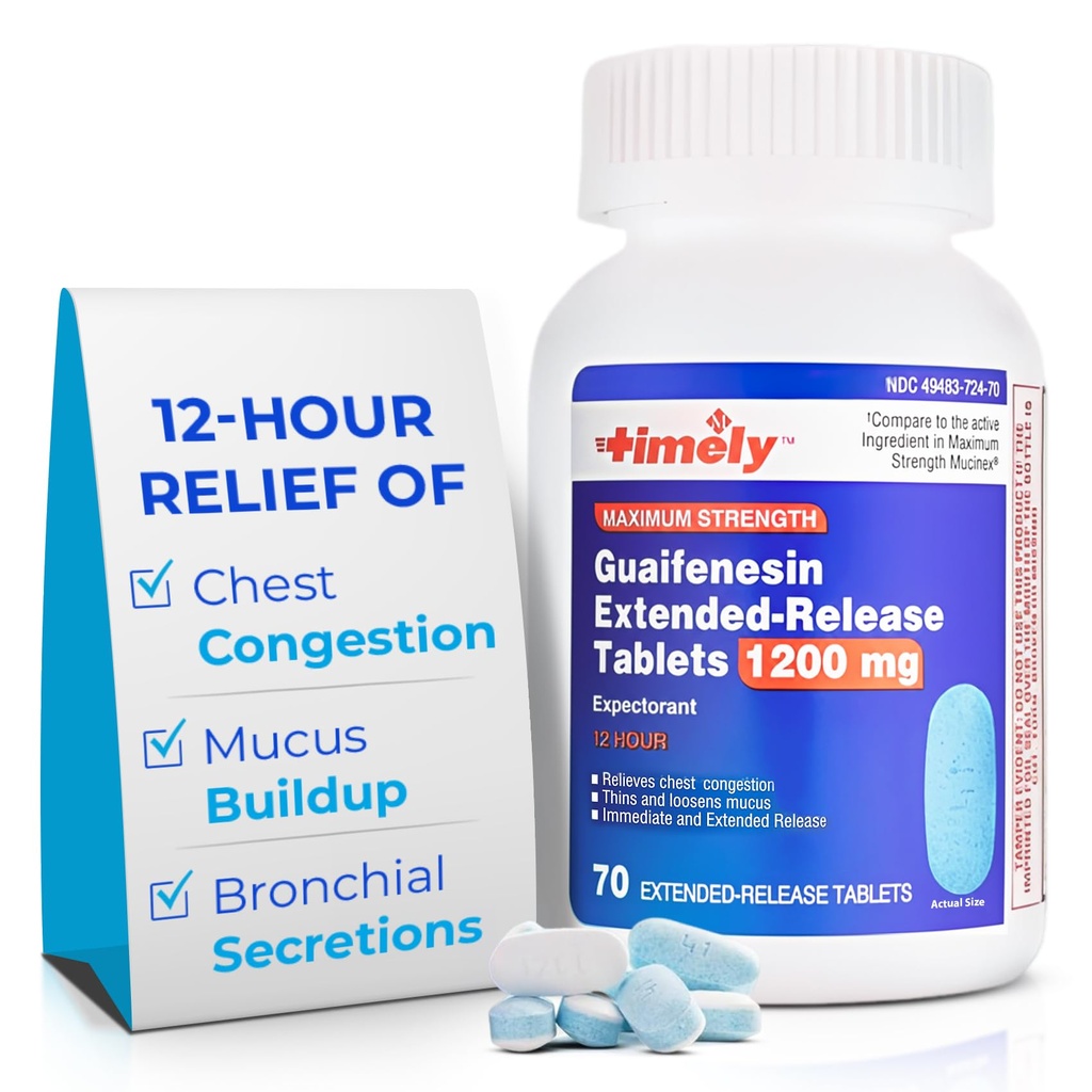 LABS TYME- CAP, INC. Czas Guaifenesin 1200 mg Extended Release Tablets - Expectorant Mucus Relief & Chest Congestion Relief dla dorosłych - Last to 12 Hours - 70 Count
