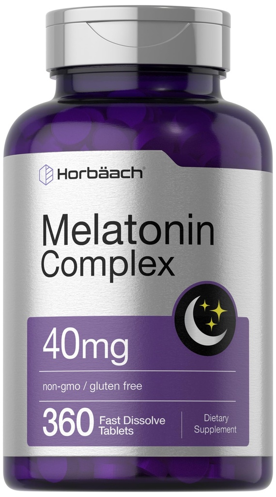 Horbäach Melatonin 40mg Complex Agregat 124; 360 Szybkie Rozpuszczanie Tabletki Agregat 124; Dorosły dodatkowy suplement siłowy Agregat 124; z rumiankiem i Ashwagandha Agregat 124; Wegetarianin, Non-GMO, Gluten Free