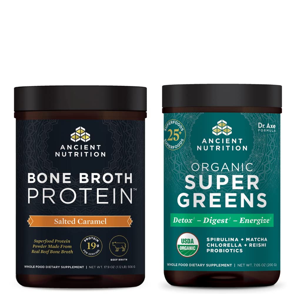 Ancient Nutrition Bone Broth Protein Powder, Salted Karmel, 20 Servings + Organic Supergreens Powder, Zielony Flavor, 25 Servings
