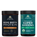 Ancient Nutrition Bone Broth Protein Powder, Salted Karmel, 20 Servings + Organic Supergreens Powder, Zielony Flavor, 25 Servings