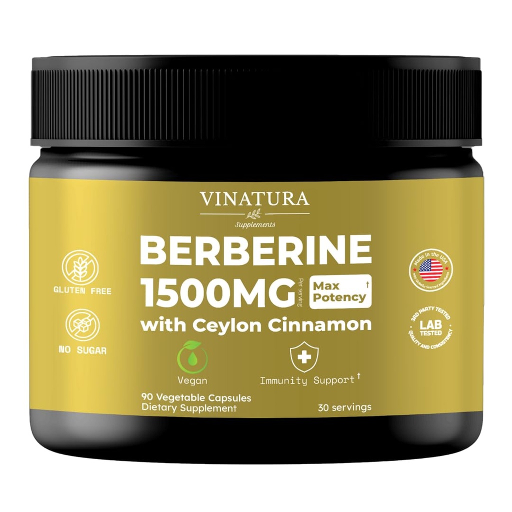 VINATURA Berberine 1500mg - Berberine Supplement with Ceylon Cynamon, Max Potency Berberine HCL - 90 kapsułki