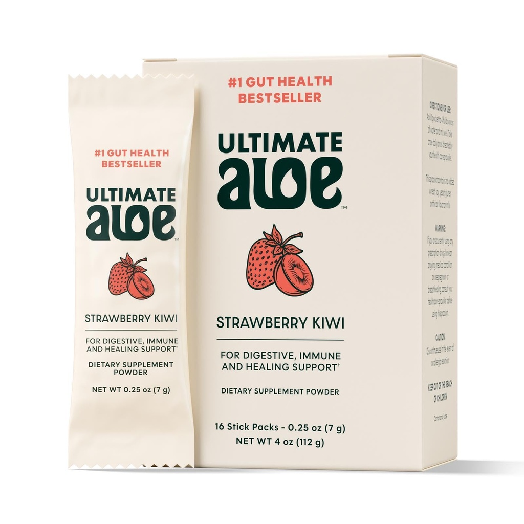 Ostateczny proszek Aloe - Truskawkowe Kiwi Flavor, Wspiera zdrowie pokarmowe, System immunologiczny i Normalne Gojenie, Aloe w wygodnych opakowaniach proszku, 16 Pakiety, Gluten- Free, Wegan, Non-GMO