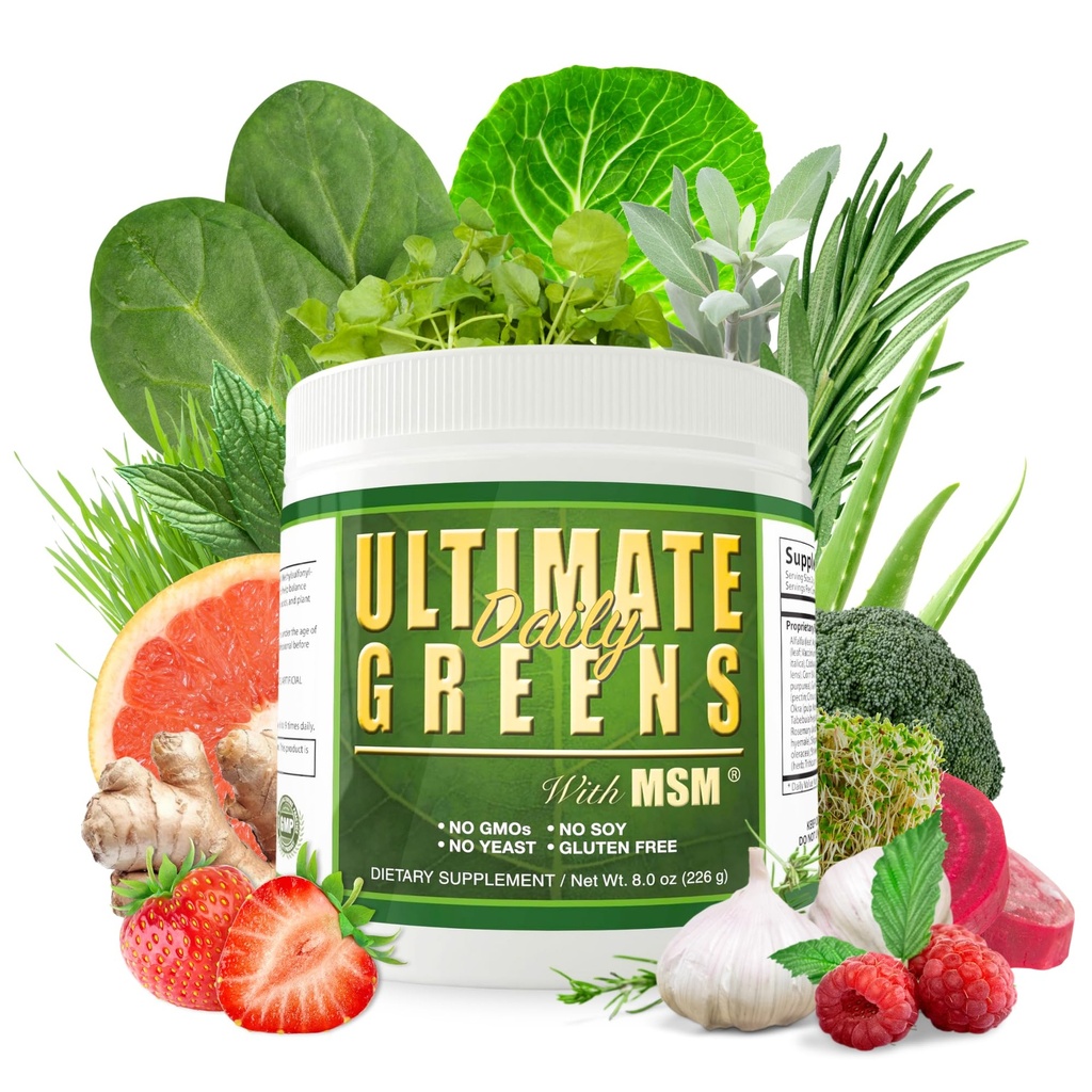Daily Health, Ultimate Greens with MSM Powder, Vegan Friendly Natural Ingredients Gluten Soy Free NO GMO Superfood Vegetable Nutritional Drink Alkalising Energy 8oz 1 Pack (1 Miesiąc dostaw)
