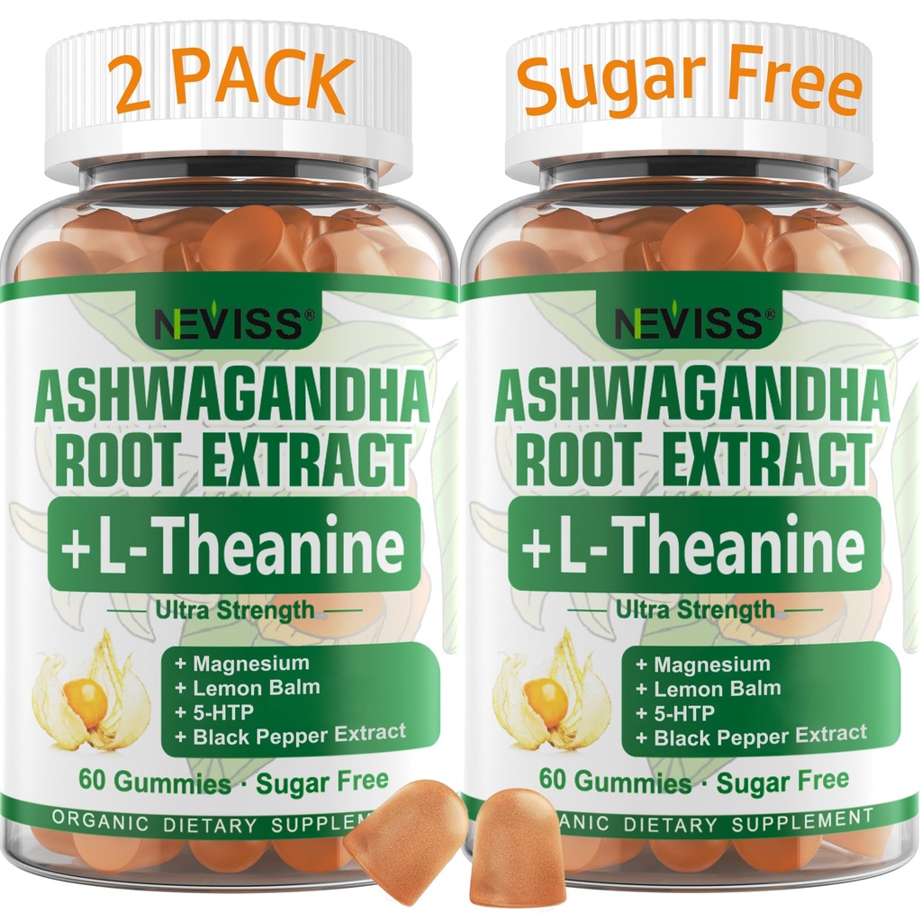 NEVISS Ashwagandha Gummies 2000mg, Feel Refreshed, Plus Proprietary Blend with L-Theanine, 5- HTP, Lemon Balm, Magnez dla uspokojenia, Zzzs & Relaxation Support, 120 Count