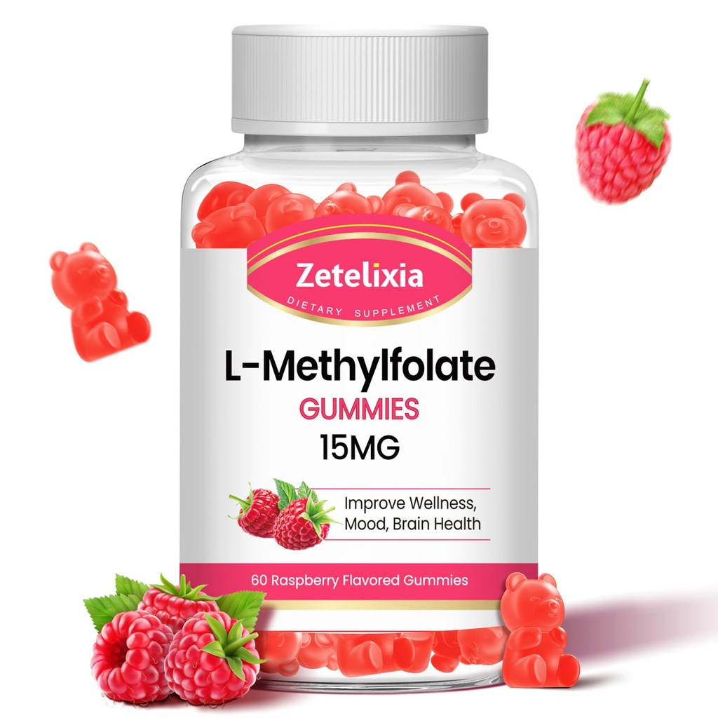 L- Metylfolate 15 mg & Metyl B12 Gummies, Folate Supplement for Brain Health, Mood & Immunitet, Synteza DNA & Naprawa, Cukier wolny, Wegan, Malina Flavor, 60 Count