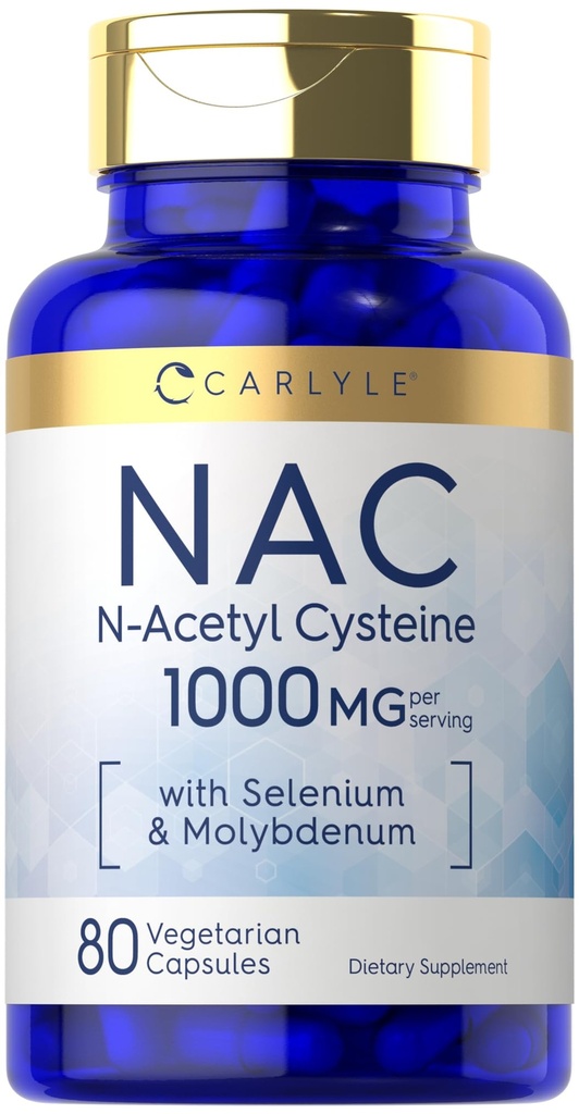 Carlyle NAC Supplement N- Acetyl Cysteine 1000mg Bis 124; 80 Kapsułki Bis 124; z Selenium & Molibden Bis 124; Wegetarianin, Non-GMO & Gluten Free