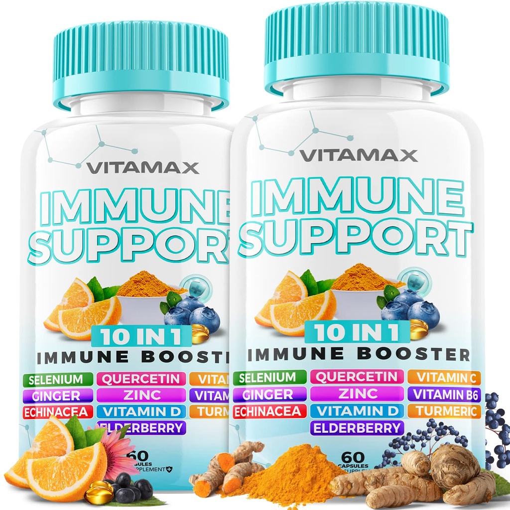 10- in-1 Wsparcie immunologiczne z Elderberry, D3, Selenium, Quercetin, Cynk, Witamina C, Ginger, Kurkumina turmerowa, B6, Echinacea - Immune Defense - Made in USA (60 Hrabia (Pack of 2))