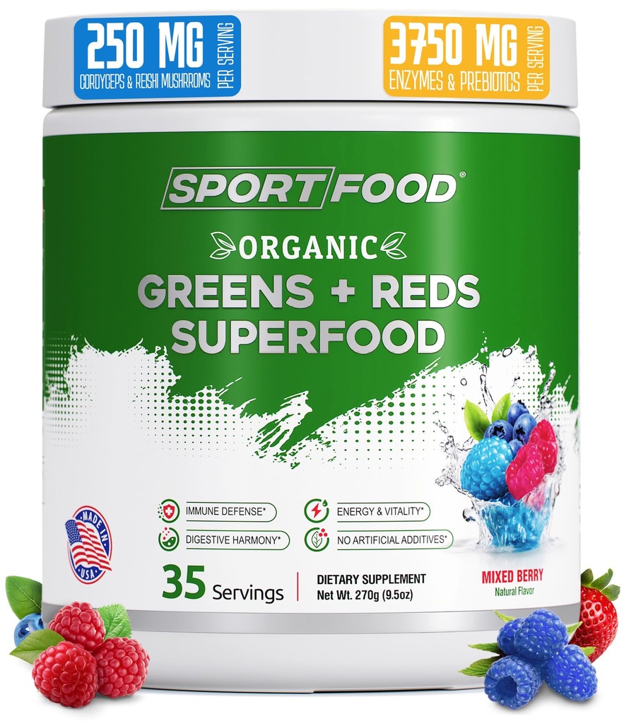 Organiczne Zielone & Czerwone Superfood proszku 124; Mieszany Flavor Berry 124; 25 + Super Owoce i warzywa, Bates, Prebiotyki 124; Energia, Antyoksydant- bogaty, Keto- Przyjazny Smoothie Mix 124; 35 Sługi