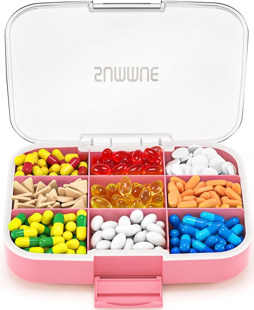 Duży Pill Organizator, 9 Komory Przenośne Pill Box Case Moisture Proof, XL Pill Container Holder do witamin, Cod Liver Oil, Suplementy, Leki (różowy)